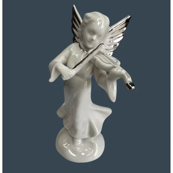 German Dresden Heavenly Band Porcelain Angel Violin Figurine Platinum Trim 5" - Picture 2 of 7